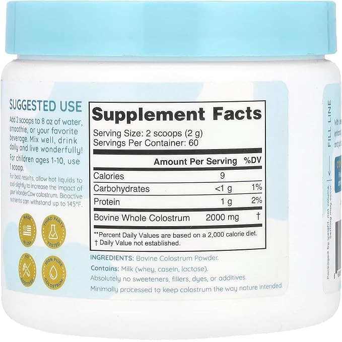 Colostrum Supplement Powder for Gut Health, Immune Support, Muscle Recovery & Wellness | Natural IgG Pure Whole Bovine Colostrum Superfood, Unflavored, 60 Servings