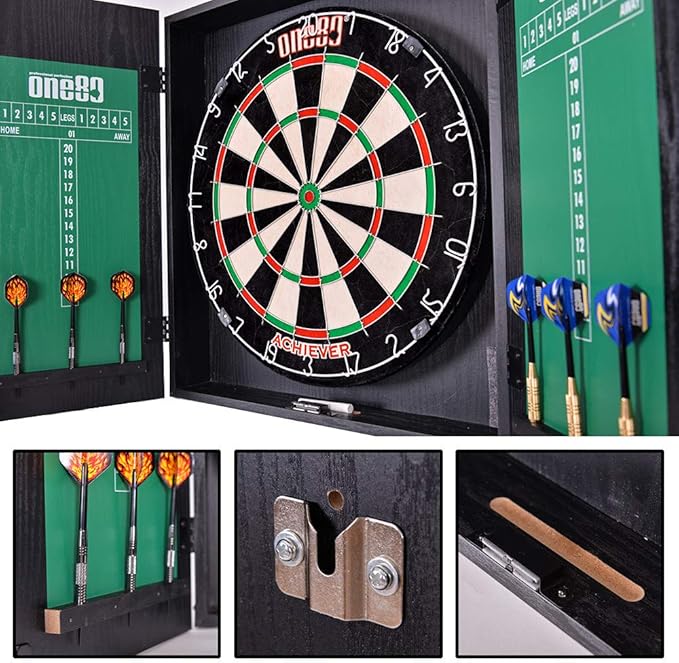 All-in-One Dartgame Center with Self-Healing Sisal/Double-Sided Dartboard & Multifunctional Cabinet 6 Steeltip Darts and Mounting Kit Included