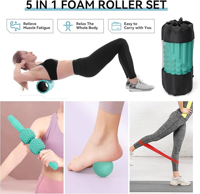 5 in 1 Foam Roller Set, High Density Fitness Exercise Foam Roller for Deep Tissue Muscle Massage, Massage Roller, Massage Ball, Resistance Band, for Whole Body(Tiffany Green)
