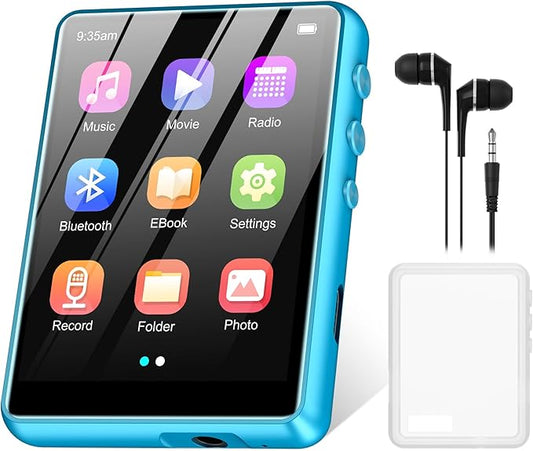 64GB Mp3 Player with Bluetooth 5.3 Blue, SWOFY M4 Music Player with 2.4" Touch Screen, HD Speaker FM Radio, Recording Support up 128GB