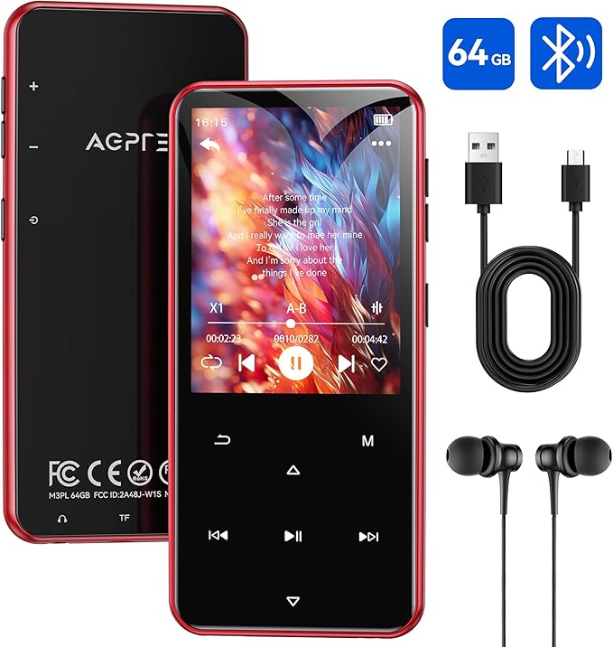 AGPTEK 64GB MP3 Player with Bluetooth, M3 2.4 inch Music Player with Speaker and FM Radio, Touch Buttons, Supports Up to 128GB (Black Red)