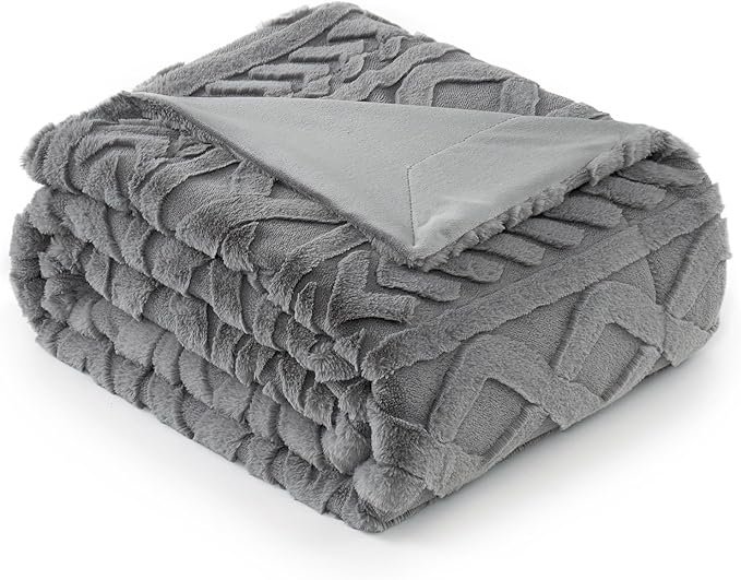 Cozy Bliss Faux Fur Throw Blanket for Couch, Jacquard Fuzzy Plush Soft Thick Winter Throw Blanket for Sofa Bed Living Room Bedroom,60"x80" Grey