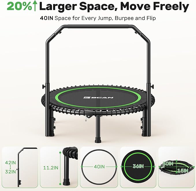 BCAN 40"/48" Rebounder Trampoline for Adult, 450/550LBS Fitness Trampoline with Bungees, Adjustable Handle, Stable & Quiet, Indoor Outdoor, Whole-Body Workout & Relaxation at Home for Women/Men