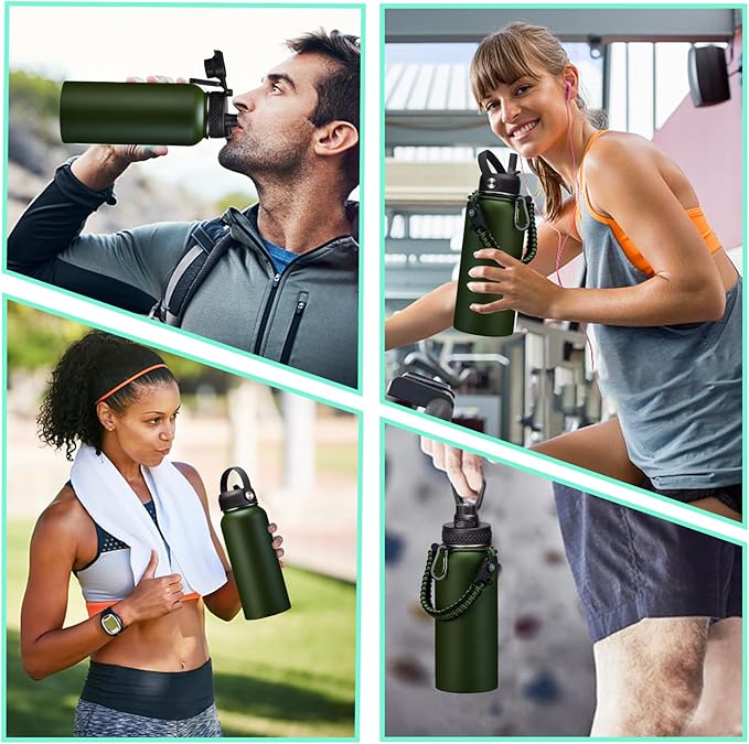 Insulated Water Bottle 32 oz - Cold-48h & Hot-24h Stainless Steel Vacuum Flask with Straw & Pop-up Chug Lid, Leak Proof 32oz Water Bottles, Wide Mouth Hydro Metal Thermal Cups for Gym Work