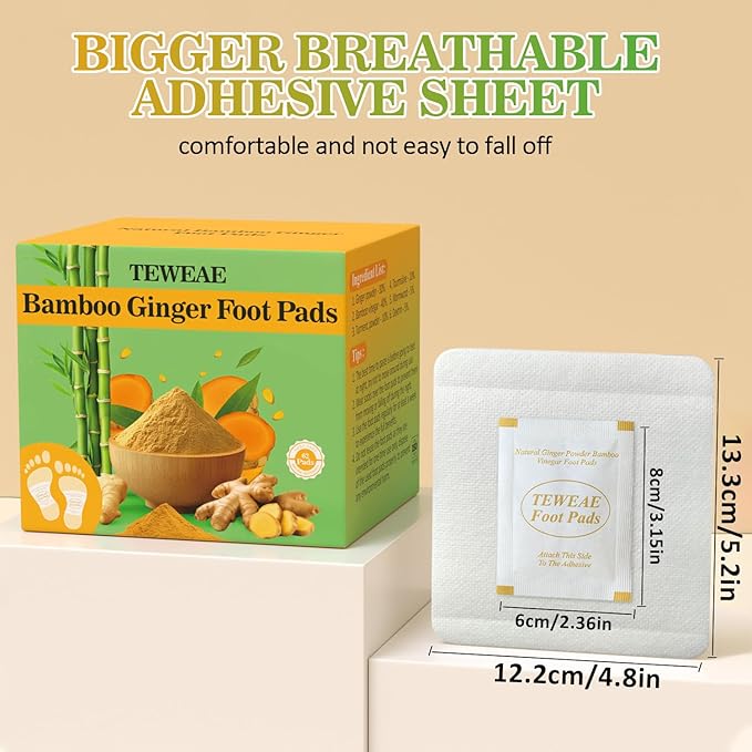 62 Pads Foot Pads -with Pure Natural Turmeric & Ginger, Wormwood, Bamboo Vinegar, Bigger Adhesive Pad Ginger Foot Pads