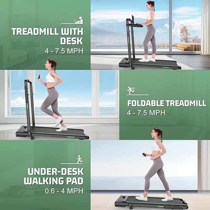 Walking Pad Treadmill with Desk Workstation, 10% Incline Foldable Treadmill with Handrail, 300lbs Capacity, 3 Control Methods, 8 in 1 Folding Treadmills for Home Office