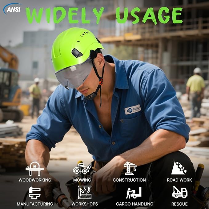 Aolamegs Construction Hard Hats for Adults - Hard Hats Construction OSHA Approved with Smoke Visor for Men Women ANSI Z89.1 Vented Safety Helmet, Hard Hat with Chin Strap,6 Point Suspension (Green