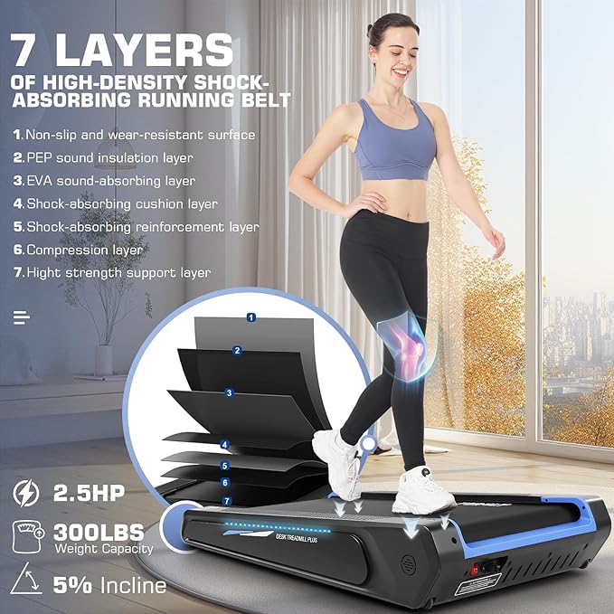 FUNMILY Smallest Walking Pad with 5% Incline, 2 in 1 Under Desk Treadmill for Home Office, 2.5 HP Mini Compact Walking Treadmill, Installation-Free/300lbs Weight Capacity/Unique Lighting Design