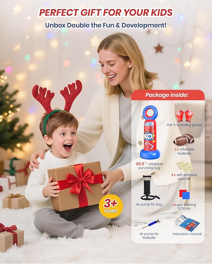 Inflatable Punching Bag for Kids, 2-in-1 Freestanding Boxing Bag with Football Toss Game, 68.8'' Heavy Duty Karate Taekwondo Toy for Boys Girls Ages 3-12, Birthday Ideas