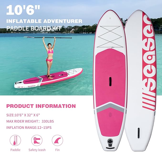 Inflatable Stand Up Paddle Board with Sup Board Accessories, Durable, Lightweight,Wide Stable Design,Wide Non-Slip Deck, Non-Slip Comfort Deck Pink Paddle Board for Women & Girls