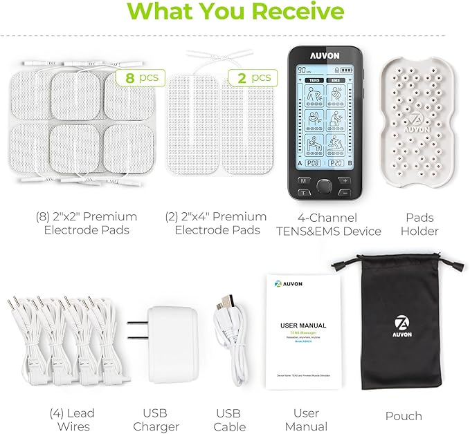 AUVON 4 Outputs TENS Unit EMS Muscle Stimulator Machine for Pain Relief Therapy with 24 Modes Electric Pulse Massager, 2" and 2"x4" Electrodes Pads, Black