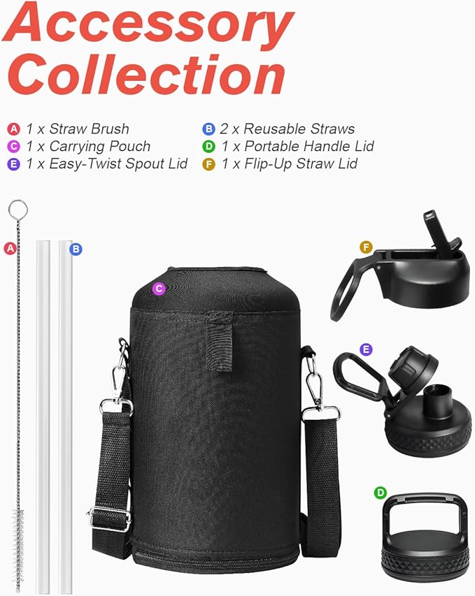 Coolflask 128 oz Gallon Water Bottle Insulated with Straw&3 Lids, Water Jug Large Stainless Steel Metal Vacuum Wide Mouth for Sports, Gym or Office, Non-BPA Keep Cold 48H Hot 24H, Piano Night