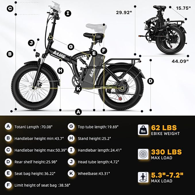 Foldable Electric Bike for Adults, 30+MPH, 48V 20Ah Removable Lithium Battery up to 80Miles, 20" Fat Tire 1000W Peak Motor Dirt Ebike Adult Electric Bicycle for Commute Beach Mountain E Bike