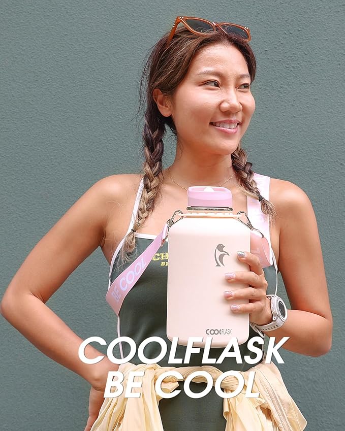 Coolflask Half Gallon Water Bottle Insulated with Straw, 64 oz Large Water Jug with Straw & Spout Lids, Double Wall Stainless Steel Metal Flask, Keep Cold 48h Hot 24h, Apricot Pink