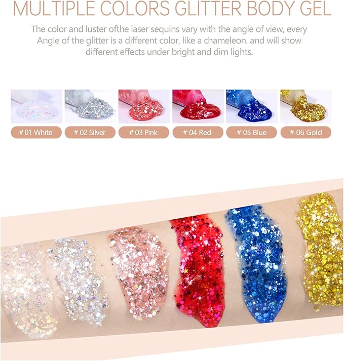6PCS Pink Face Body Glitter Gel,Mermaid Holographic Sequins Chunky Glitter Paint for Party Singer Concerts Music Festival Rave Accessories for Girls Women Face Body Hair Sparkling Makeup
