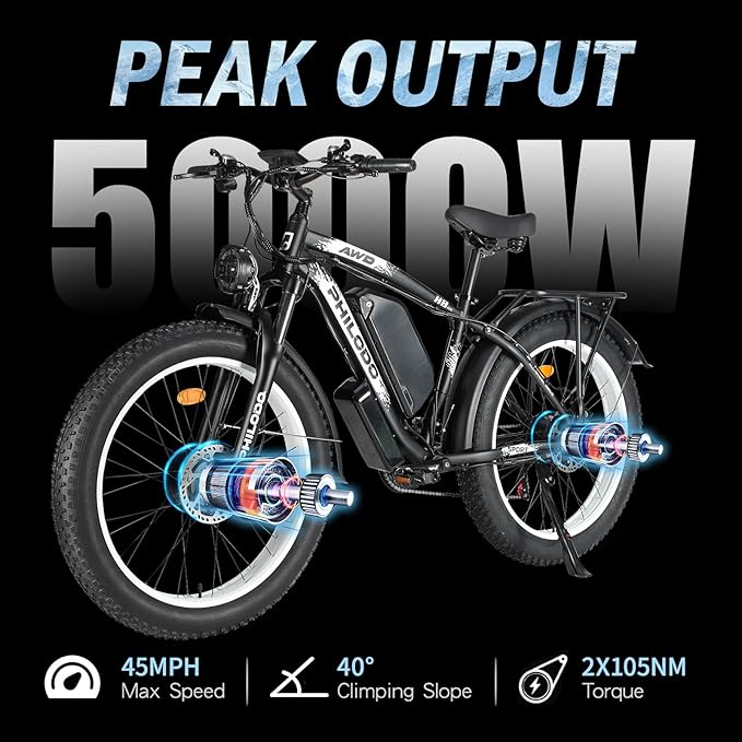 60V 26AH Battery Electric Bike,5000W Dual Motor Ebikes for Adults,Full Suspension Electric Bicycle,26x4 Fat Tires for All Terrain Dirt Bike,21-Speed Gear Electric Mountain Bike