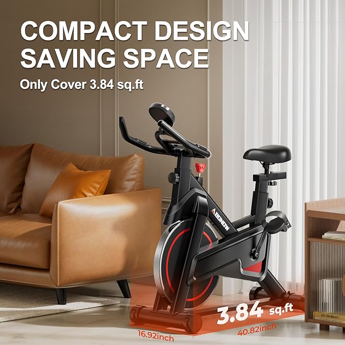 Exercise Bike, Brake Pad Stationary Bikes for Home with App Compatible, Low Noise Indoor Cycling Bike, 300lbs Capacity Compact Workout Bike with Tablet Mount & Extra Comfort Seat