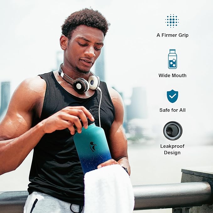 64 oz Water Bottle Insulated with Straw&3 Lids, Coolflask Half Gallon Water Jug Galaxy Large Metal Stainless Steel Vacuum Flask for Gym, Sports, Keep Cold 48H Hot 24H, Glacier Blue