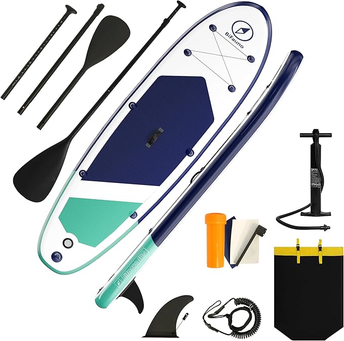 Inflatable Stand Up Paddle Board with SUP Accessories & Backpack. Paddle Boards for Adults. Non-Slip Deck, Wide Stance, Bottom Fin, Double Action Pump.
