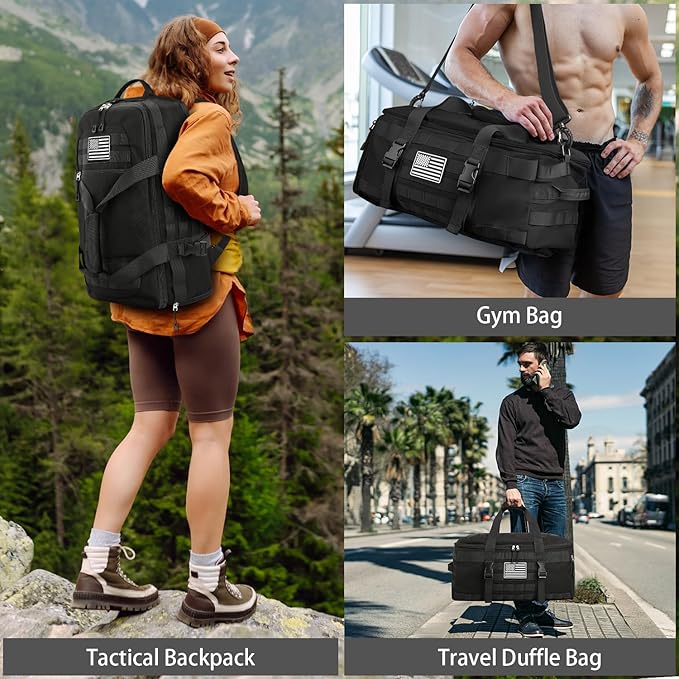ETRONIK Gym Bags for Men, Large Tactical Duffle Bag Backpack with Shoe Compartment, 3 in 1 Carry on Bag Travel Backpack with Wet Pocket, Weekender Overnight Range Bag for Workout Football Gym, Black
