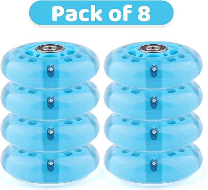 8pcs Inline Skate Wheels Led Light-Up Wheels 64/70/72/76/80mm w/Bushings 85-88A for Kids and Youth Beginners Children's Inline Skates Indoor/Outdoor Use (Blue, 76mm)