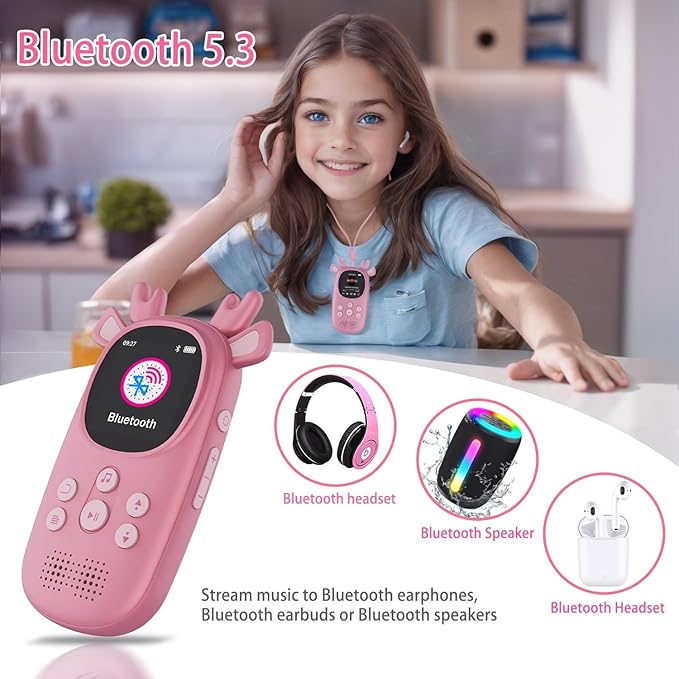 64GB MP3 Players for Kids, Cute Reindeer Portable Music Bluetooth Kid MP3 Player, Child MP3 Player with Bluetooth 5.3,Speaker, FM Radio, Alarm Clock, Voice Recorder, Stopwatch (Support up to 128GB)