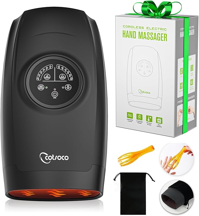 cotsoco Hand Massager with Heat and Compression, 6 Levels Hand Therapy for Arthritis and Carpal Tunnel Relief, Finger and Wrist Cordless Massager Machine for Pain Relief, Gifts for Women Men, Black