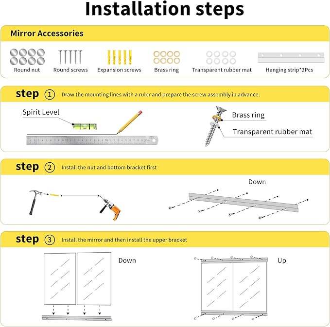 Home Gym Mirror - 48x24 Inch, 2PCS Frameless Tempered Glass Full Body Mirror for Wall Mount - Ideal for Yoga, Workout, Bedroom, Dance Studio (Silver)
