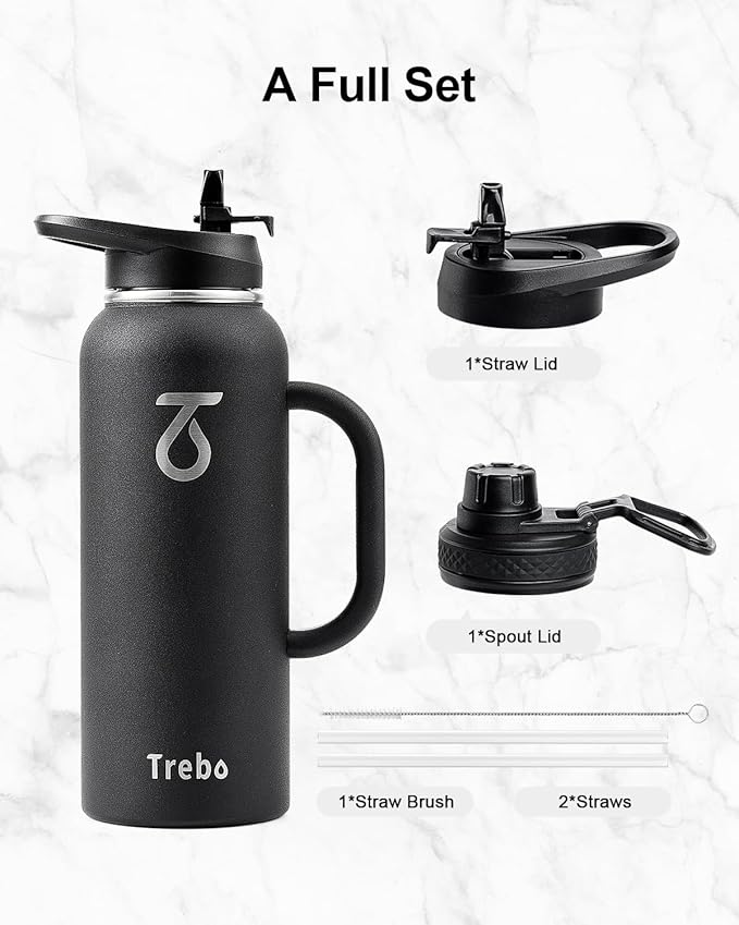 Trebo 40oz Water Bottle Insulated with Handle, Stainless Steel Metal Large Jug,Travel Flask with Straw Spout Lid,Mug Tumbler Cup with Carry Pouch,Keep Cold Hot, Indigo Black