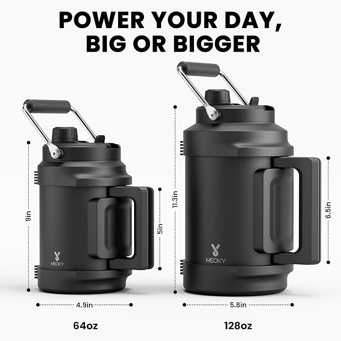 64 oz Insulated Water Bottle for Gym: Meoky Triple Wall Vacuum Stainless Steel Half Gallon Water Jug - Top and Side Handles, 2-in-1 Straw and Spout Lid, Cold for 36 Hrs, Leak Proof for Camping (Night)