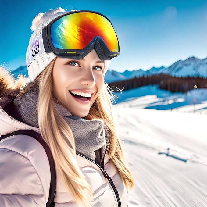 GoLight OTG Anti-Fog Ski Goggles for Men Women ??Spherical REVO Lens, UV400, Breathable TPU Frame, Adjustable Non-Slip Strap