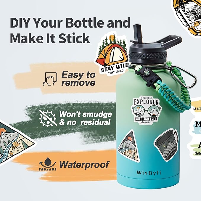 64 oz Insulated Water Bottle with Straw (Cold for 48 Hrs), Half Gallon Stainless Steel Triple Wall Vacuum Sports Water Jug, Leakproof Hydro Cup Flask with Straw Spout Lids & DIY Stickers