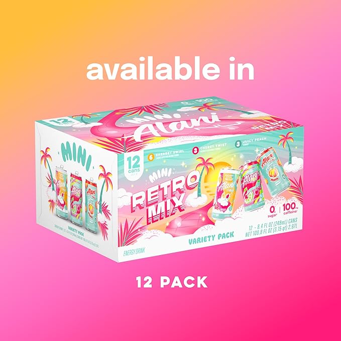 Alani Nu RETRO VARIETY PACK (Sherbet Swirl, Juicy Peach and Cherry Twist), Low Calorie Energy Drinks, 100mg Caffeine, Biotin, B Vitamins, Zero Sugar, 10 Calories or Less, 8 Fl Oz Cans, 12 Pack