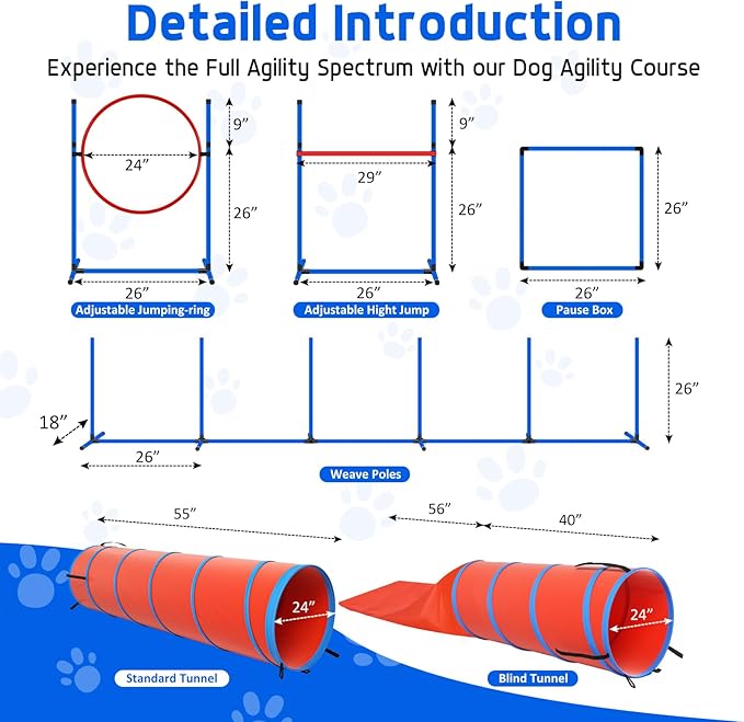 Dog Agility Training Equipment Set, Obstacle Courses Agility Training Kit for Puppy Includes 2 High Hurdles, Standard Tunnel, Blind Tunnel, Jumping Ring, 6 Weave Poles, Pause Box and 2 Carrying Bags