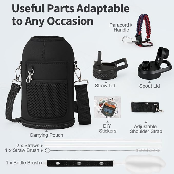 64 oz Insulated Water Bottle with Straw (Cold for 48 Hrs), Half Gallon Stainless Steel Triple Wall Vacuum Sports Water Jug, Leakproof Hydro Cup Flask with Straw Spout Lids & DIY Stickers