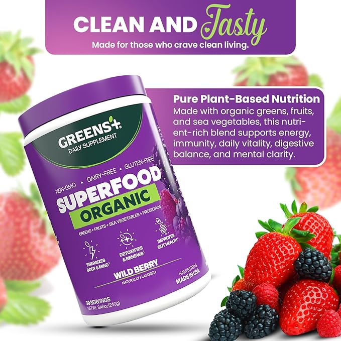 Greens+ Organic Wild Berry Superfood Powder, Antioxidant Polyphenol, Blend for Morning Kick, Energy, Vitality Boost, Nutrition, Vibrant Health, Dietary Supplement, Vegan Soy/Dairy/Gluten Free(8.46oz)