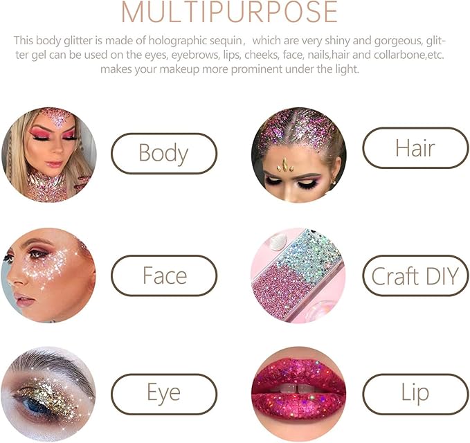 6PCS Pink Face Body Glitter Gel,Mermaid Holographic Sequins Chunky Glitter Paint for Party Singer Concerts Music Festival Rave Accessories for Girls Women Face Body Hair Sparkling Makeup