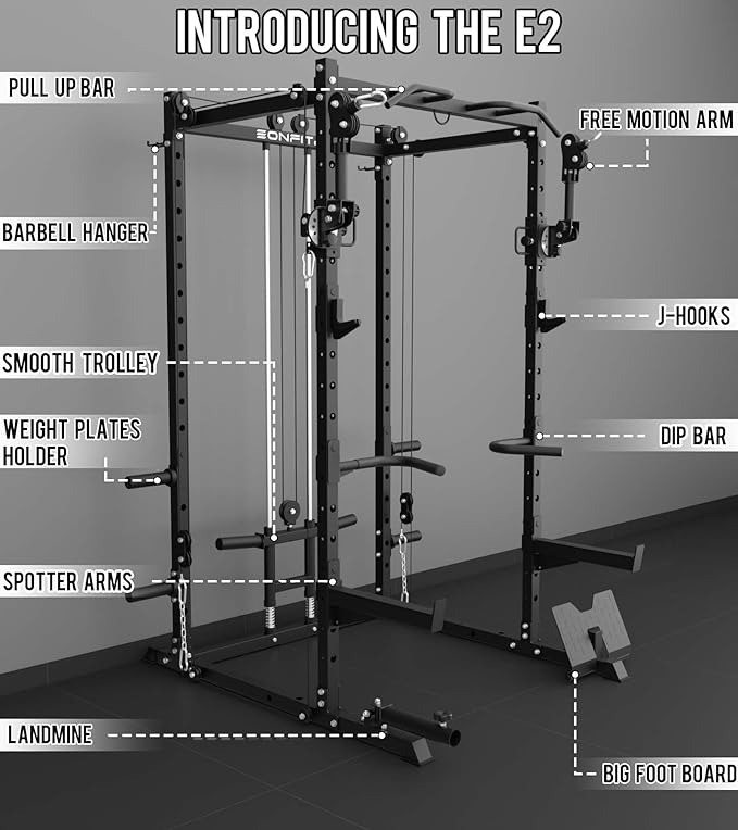 Eonfit E2 Power Cage,1500LB Squat Rack with Cable Crossover System.Multi-Function Power Rack for Home Gum.All-in-One Squat Rack with More Training Attachments