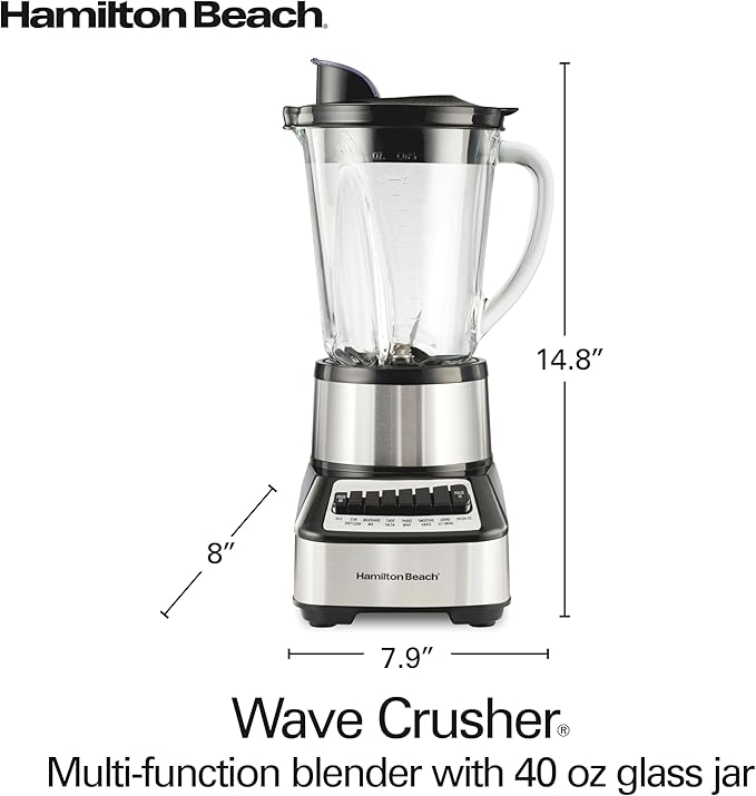 Hamilton Beach Wave Crusher Blender For Smoothies With 40 Oz Glass Jar and 14 Functions, Ice Sabre Blades & 700 Watts for Consistently Smooth Results, Black + Stainless Steel (54221)
