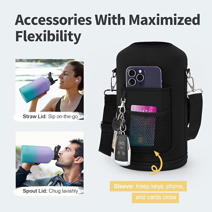 64 oz Insulated Water Bottle with Straw (Cold for 48 Hrs), Half Gallon Stainless Steel Triple Wall Vacuum Sports Water Jug, Leakproof Hydro Cup Flask with Straw Spout Lids & DIY Stickers