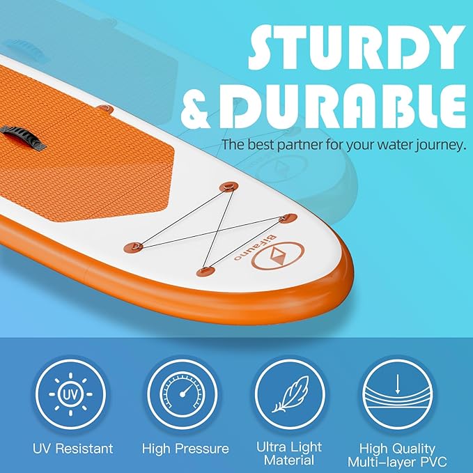 Inflatable Stand Up Paddle Board with SUP Accessories & Backpack. Paddle Boards for Adults. Non-Slip Deck, Wide Stance, Bottom Fin, Double Action Pump.