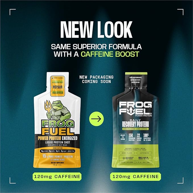 Frog Fuel Power Energized Protein Shot, 15g Protein Nano-Hydrolyzed Grass Fed Collagen, 120mg Caffeine, Fat & Sugar Free, 22 Amino Acids, 0 Carbs, Berry, 1 oz Packets, 24 Pack
