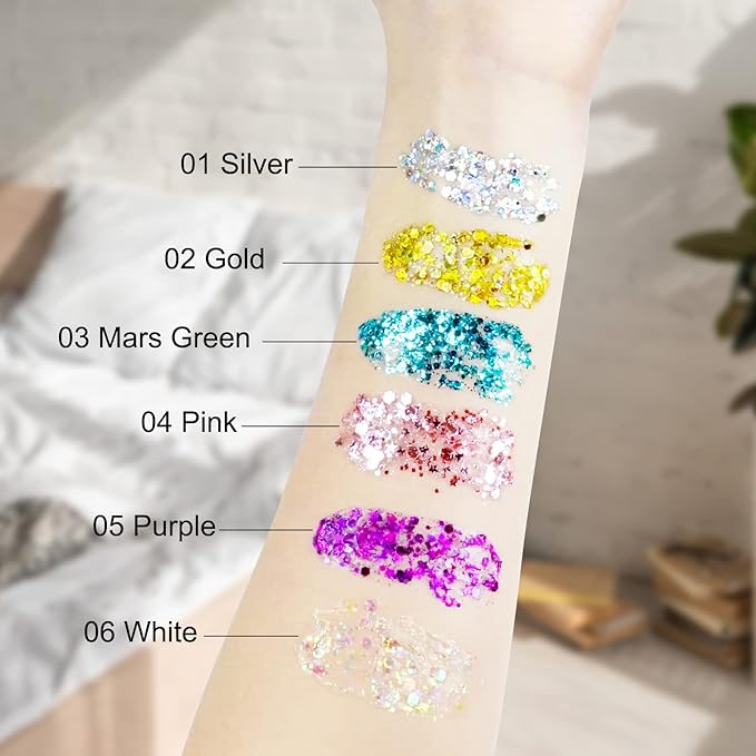 6Pcs Body Glitter for Women - Holiday Glitter Gel for Face &Body & Hair & Nail DIY|Hair Glitter Gel Create A Stunning Visual Feast |Multiple Purpose Body Glitter Gell Long Lasting Mermaid Series Set