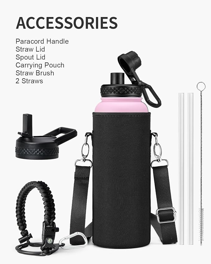 40oz Insulated Water Bottle,Stainless Steel Vacuum Water Bottle, BPA-Free & Leakproof -with Paracord Handle,Strap,Straw Spout Lids,Large Water Jug for Gym Sports