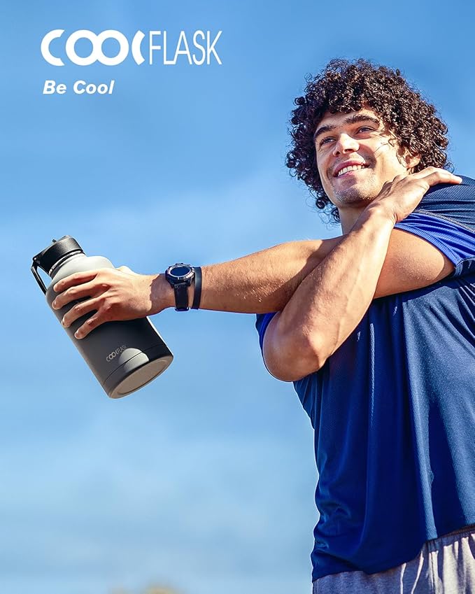 64 oz Insulated Water Bottle with Straw & 3 Lids, Coolflask Half Gallon Water Jug Large Metal Stainless Steel Wide Mouth for Sports, Gym or Office, Non-BPA Keep Cold 48H Hot 24H, Knight Grey