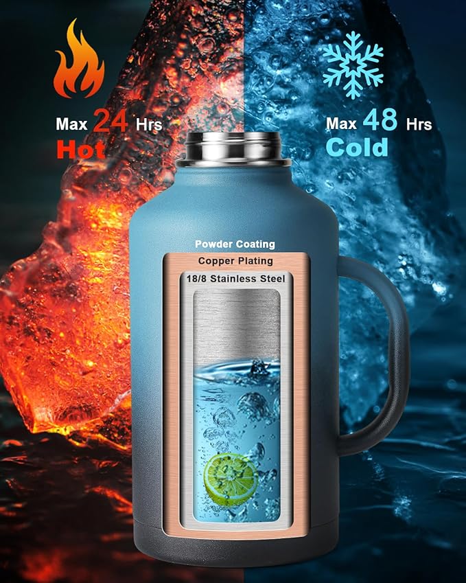 64oz Water Bottle Insulated with Handle,Double-Wall Vacuum Stainless Steel (Cold for 48 Hrs), Half Gallon Water Jugs,Reusable Metal Water Flask with Carry Pouch,Straw & Spout Lid,Indigo Black