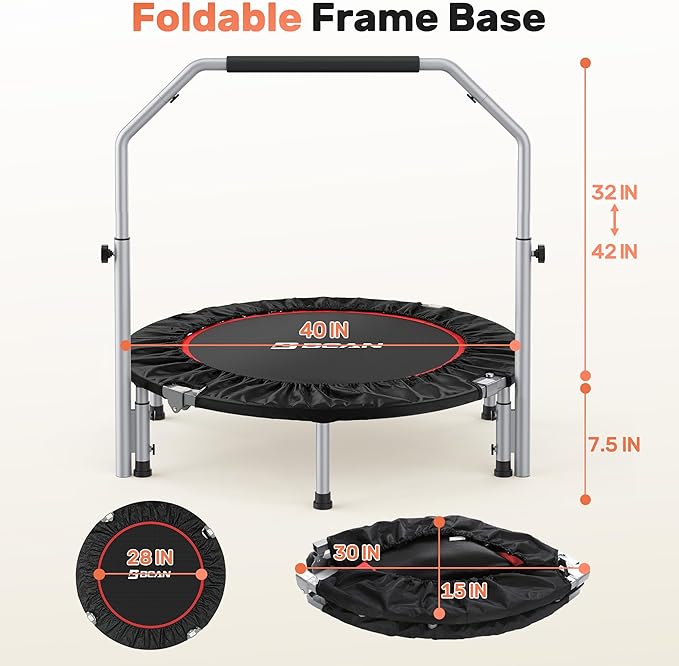 BCAN 40/48" Foldable Mini Trampoline Max Load 330lbs/440lbs, Fitness Rebounder with Adjustable Foam Handle, Exercise Trampoline for Adults Indoor/Garden Workout