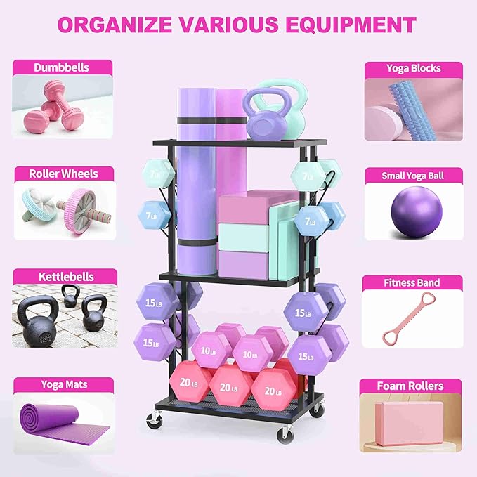 Dumbbell Rack Weight Rack for Home Gym Yoga Mat Storage Workout Equipment Organizer with Wheels
