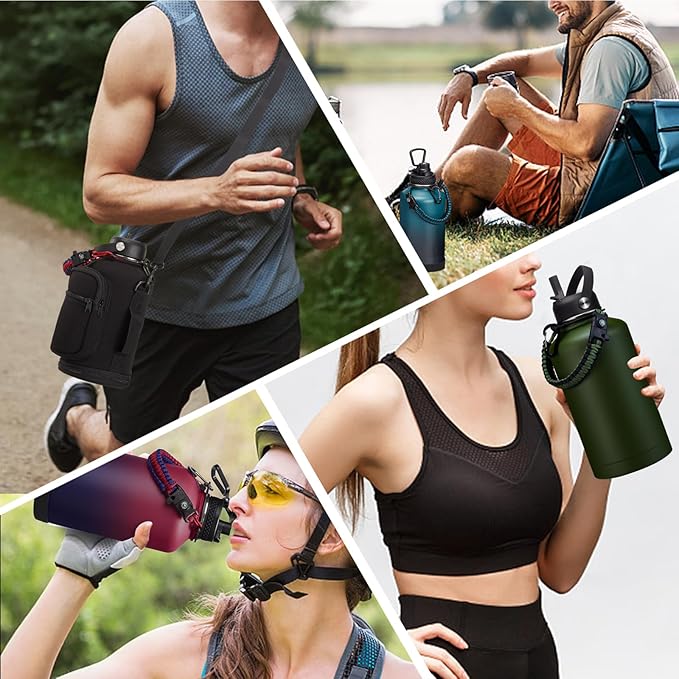 64oz Insulated Water Bottle with Straw & Auto Spout Lid - (Cold 48H & Hot 24H) Half Gallon Stainless Steel Water Jug with Paracord Handle, Metal Tactical Military Water Flask with Carrier Strap Bag