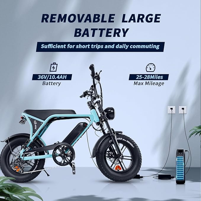 Electric Bike for Adults, Fat Tire EBike, 36V 10.4Ah Removable Battery, 500W Upgrade Motor, 20MPH Commuter Bike, V8 Mini Electric Bicycle for Mountains, Snow, Sand, Road